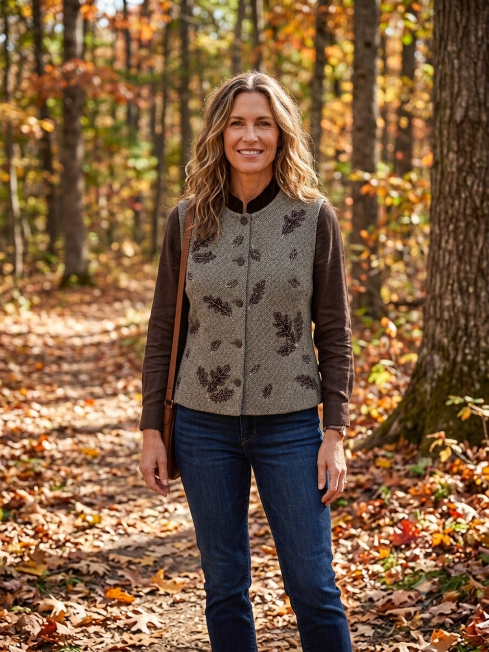 Talbots Brown Tweed Wool Blend Leaf Applique Vest Women Medium